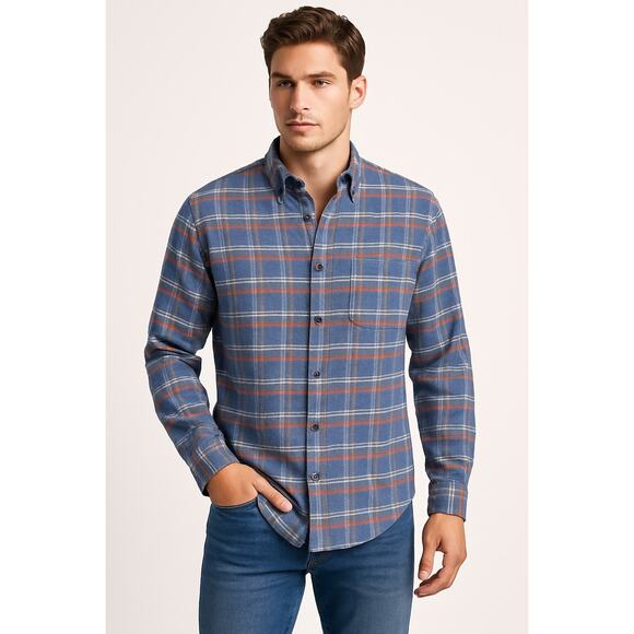 Orvis Blue Orange Plaid Flannel Button Down Shirt Size L - Picture 1 of 5